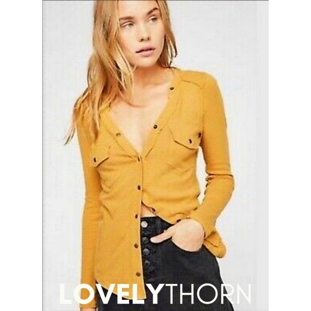 FREE PEOPLE // long sleeve plunge snap button flap pocket woven knit henley - Picture 7 of 16